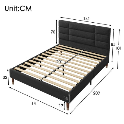 Bedframe – Houten Bed – Eenpersoonsbed – Opbergbed – Slaapbank – Modern Design – 140x200 cm – Massief Hardhout & Linnen – Geen Elektriciteit – Ruimtebesparend – Zwart