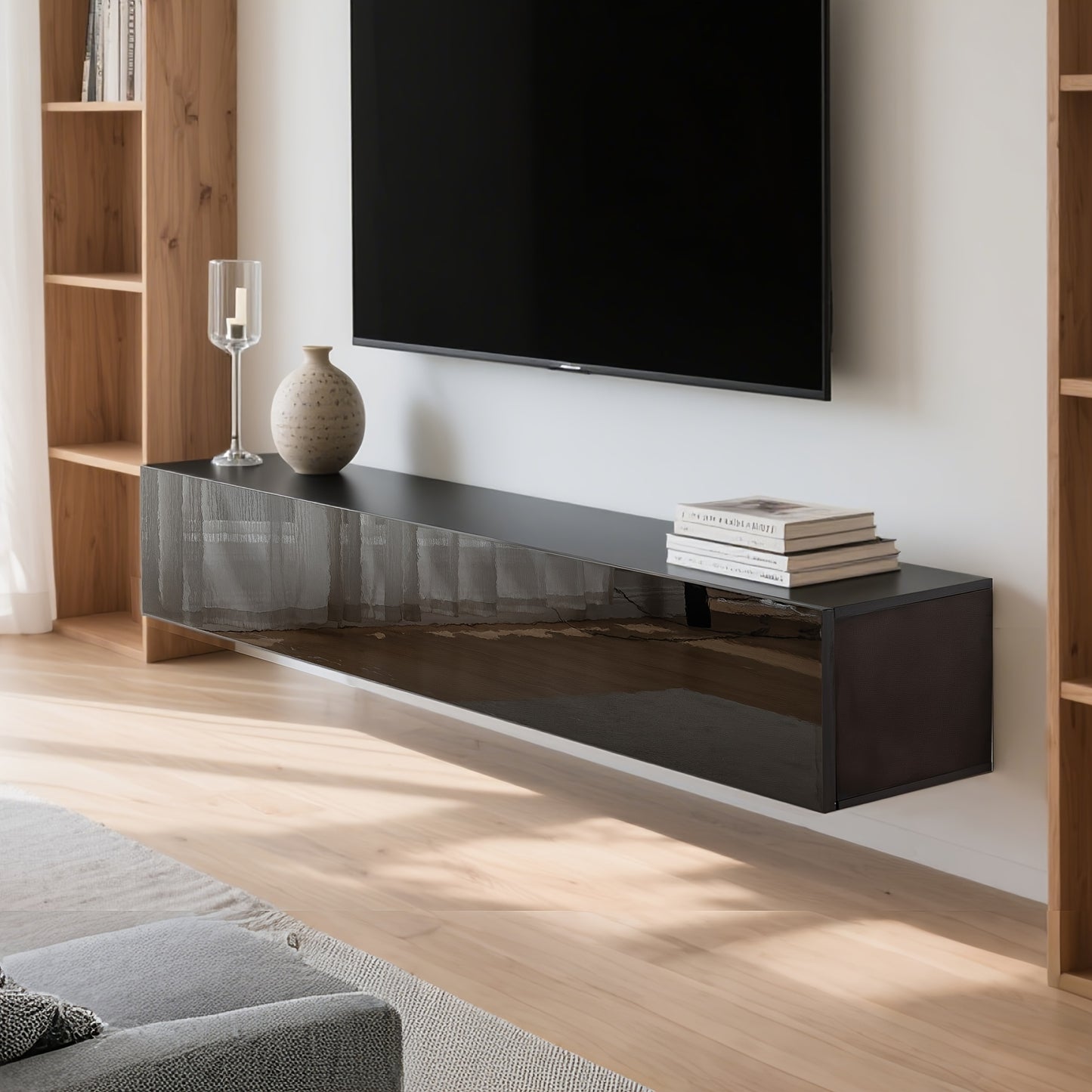 Zwevend TV Meubel – Wandmeubel – TV Kast – TV Console – Media Meubel – Matzwart – Push-Open Deur – Geschikt Tot 65 Inch