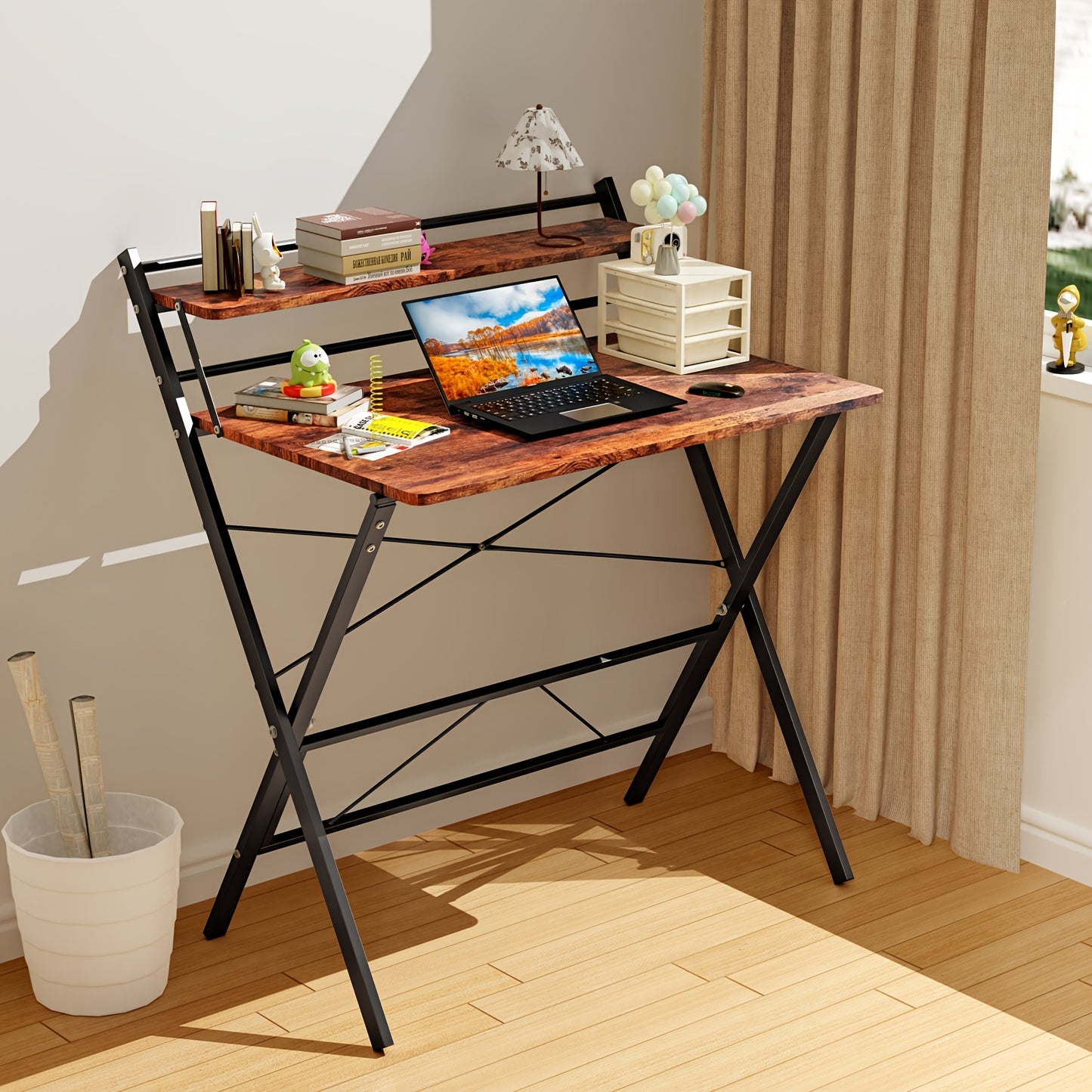 Bureau – Computerbureau – Bureautafel – Werkplek – Opvouwbaar – Ruimtebesparend – Stevig Legeringsstaal Frame – Ingebouwde Plank en Monitorstandaard