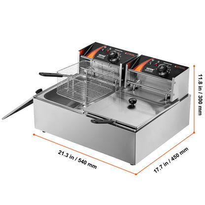 Friteuse – Frituurpan – Elektrische Friteuse – Dubbele Frituurpan – RVS Behuizing – 2 x 6 Liter – 2 x 1500W Verwarmingselementen