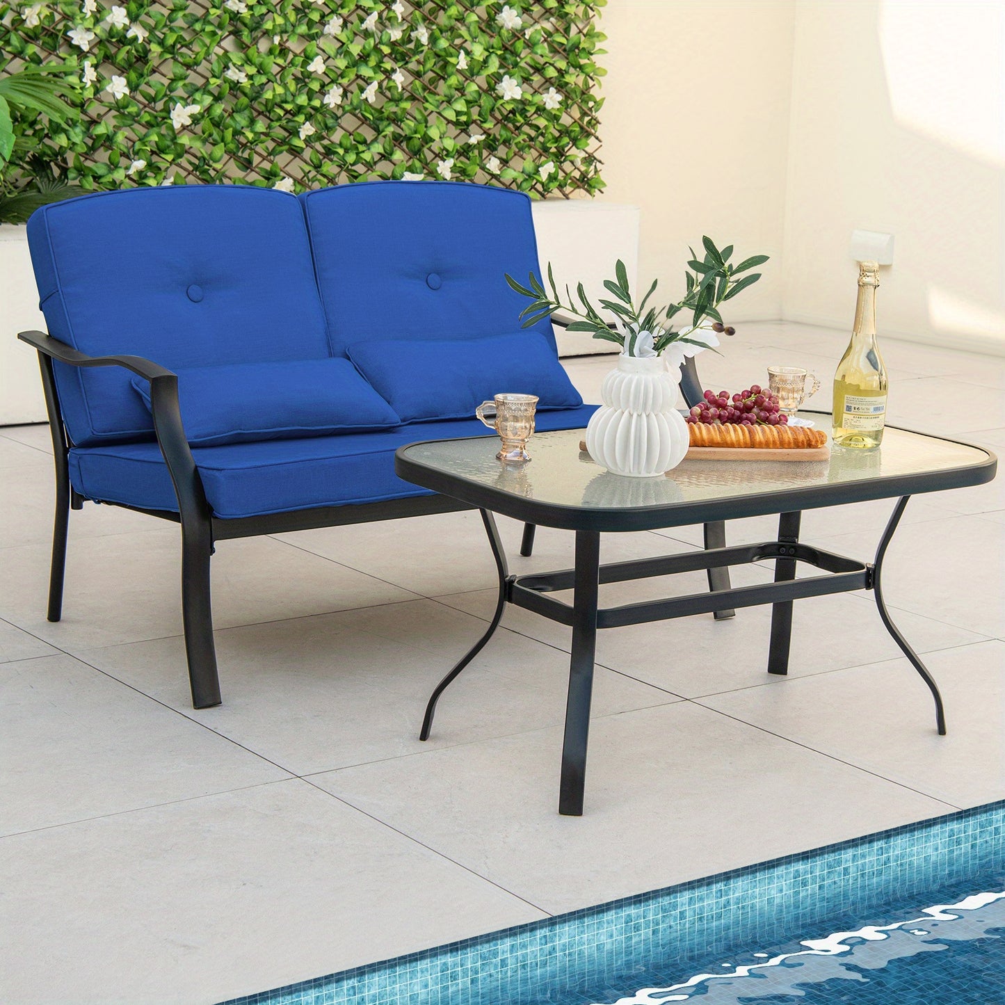 Tuinmeubelset – Tuinset – Loungeset – Buitenmeubels – Terrasmeubels – Metalen Frame – Veiligheidsglas Tafel – Blauwe Kussens – 4-delige Set