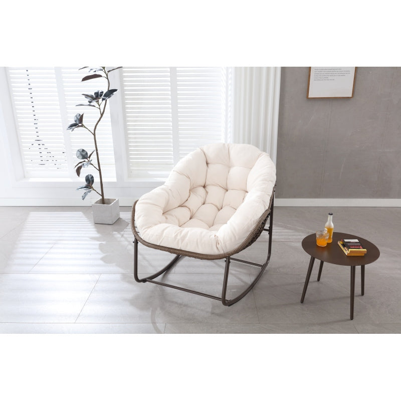 Schommelstoel – Relaxstoel – Fauteuil – Loungestoel – Tuinstoel – Oversized Ei-Vorm – 15,24 cm Dikke Kussen – Poedergecoat Stalen Frame & Handgevlochten Wit Rattan