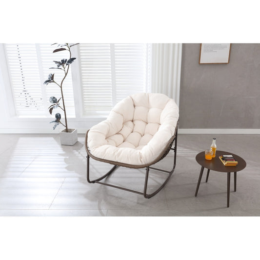 Schommelstoel – Relaxstoel – Fauteuil – Loungestoel – Tuinstoel – Oversized Ei-Vorm – 15,24 cm Dikke Kussen – Poedergecoat Stalen Frame & Handgevlochten Wit Rattan