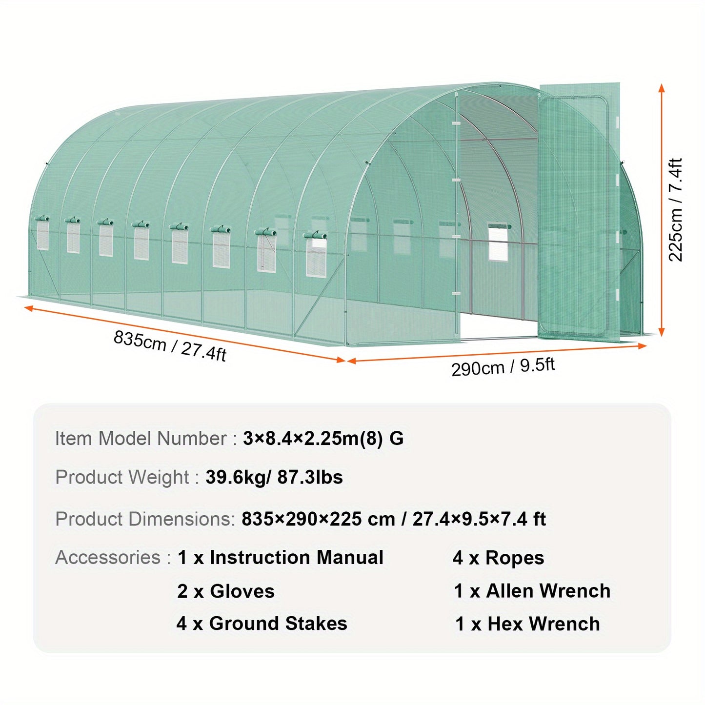 Kweekkas – Broeikas – Tuinkas – Wandelkas – Serre – Gegalvaniseerd Stalen Frame – Groene UV-bestendige PE-Folie – 835x289x225 cm – 16 Oprolbare Ramen & Draaideur
