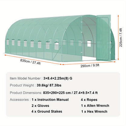 Kweekkas – Broeikas – Tuinkas – Wandelkas – Serre – Gegalvaniseerd Stalen Frame – Groene UV-bestendige PE-Folie – 835x289x225 cm – 16 Oprolbare Ramen & Draaideur