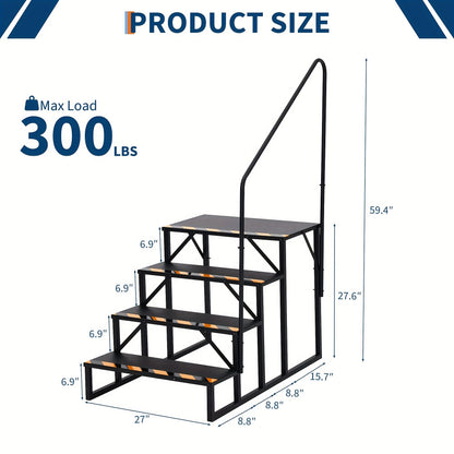 4-Step RV Stairs with Handrail, Portable Camper Steps for Travel Trailer & Hot Tub, Outdoor Stair with Non-Slip Treads and Powder Coated Frame, Hot Tub Access, Sturdy Handrail
