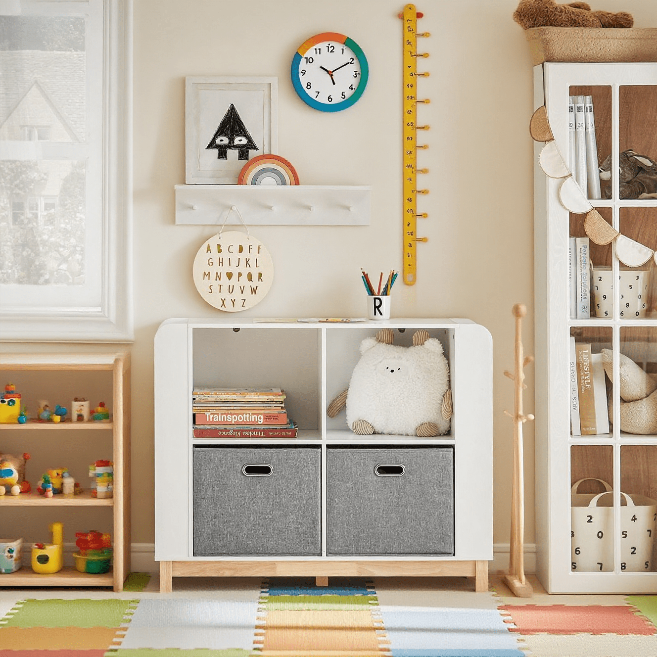 Kinderboekenkast – Kinderboekenrek – Opbergkast – Boekenplank – Speelgoedkast – MDF & rubberhout – 100x80x35 cm – Inclusief Stoffen Opbergboxen