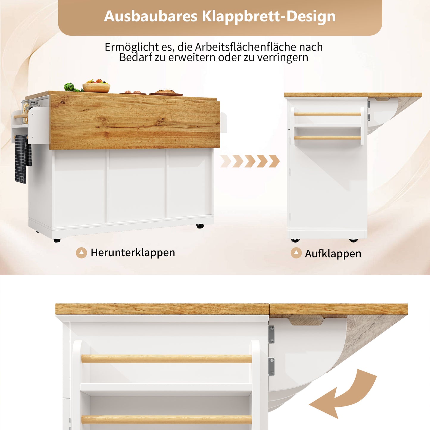 Keukeneiland – Keukentrolley – Keukenkast – Buffetkast – Serveerwagen – 5 Laden – Verstelbare Legplanken – Glazen Deuren – Houten Werkblad – Wieltjes – Wit – 140x40(63,5)x95 cm