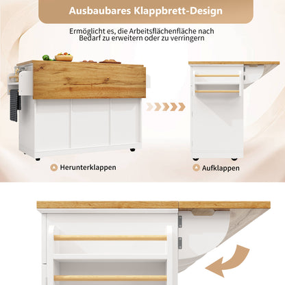 Keukeneiland – Keukentrolley – Keukenkast – Buffetkast – Serveerwagen – 5 Laden – Verstelbare Legplanken – Glazen Deuren – Houten Werkblad – Wieltjes – Wit – 140x40(63,5)x95 cm