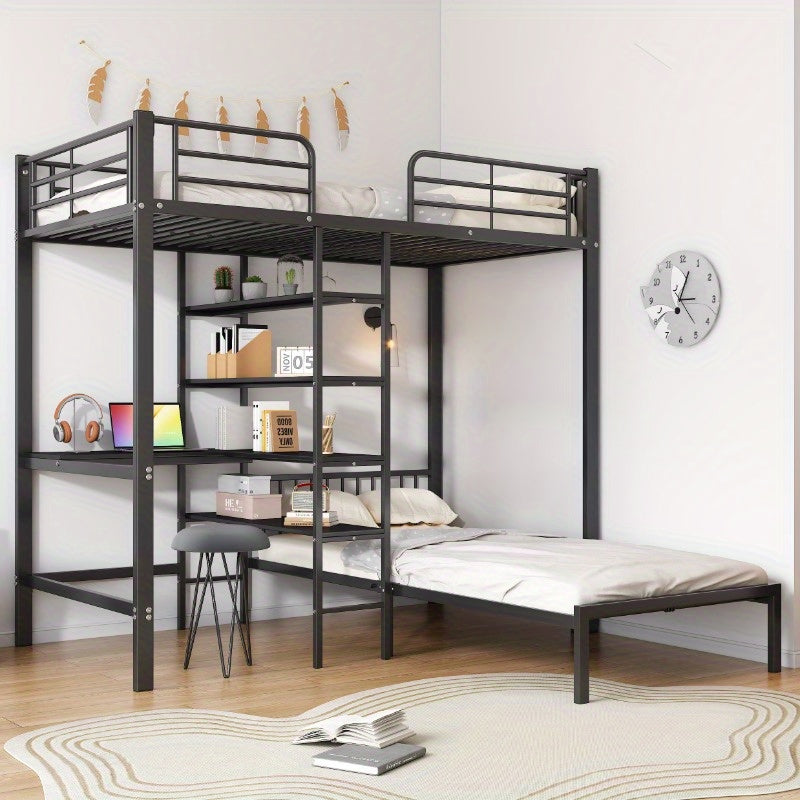 Stapelbed – Etagebed – Kinderbed – Hoogslaper – Kinderstapelbed – Met Bureau en Opbergruimte – Metalen Frame – 90x200 cm – Veiligheidshekken – Ladder – Zwart