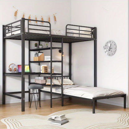 Stapelbed – Etagebed – Kinderbed – Hoogslaper – Kinderstapelbed – Met Bureau en Opbergruimte – Metalen Frame – 90x200 cm – Veiligheidshekken – Ladder – Zwart