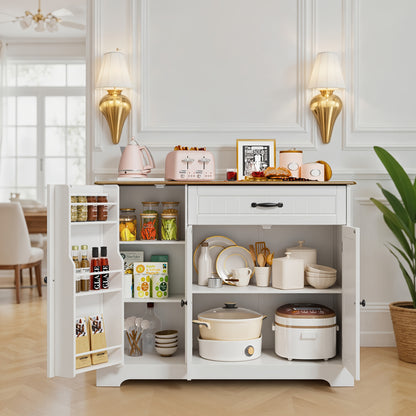 Opbergkast – Kasten – Dressoir – Sidetable – Kastje – Vrijstaand – Wit Retro Bruin – Hardhouten Constructie – Ruime 3-Deurs + Ladenkast – 3,2 Kubieke Voet Opslag