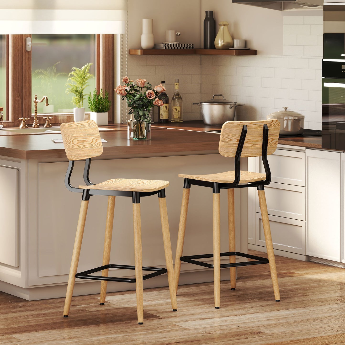 Barkrukken – Barkruk Set – Barstoelen – Keukenstoelen – Hoge Stoelen – Lichtbruine Houten Zitting – Stevig Metalen Frame – Comfortabele Rugleuning