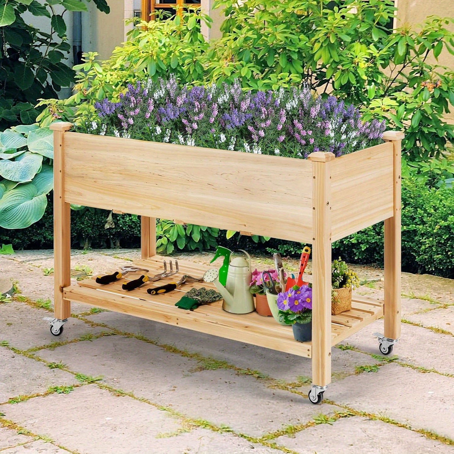 Verhoogde Plantenbak – Tuinbak – Kruidentuin – Bloembak – Plantenbak Hout – Naturel Vurenhout – 2-Lagen Opbergrek – Verplaatsbaar Met Wielen