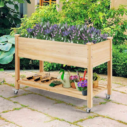 Verhoogde Plantenbak – Tuinbak – Kruidentuin – Bloembak – Plantenbak Hout – Naturel Vurenhout – 2-Lagen Opbergrek – Verplaatsbaar Met Wielen