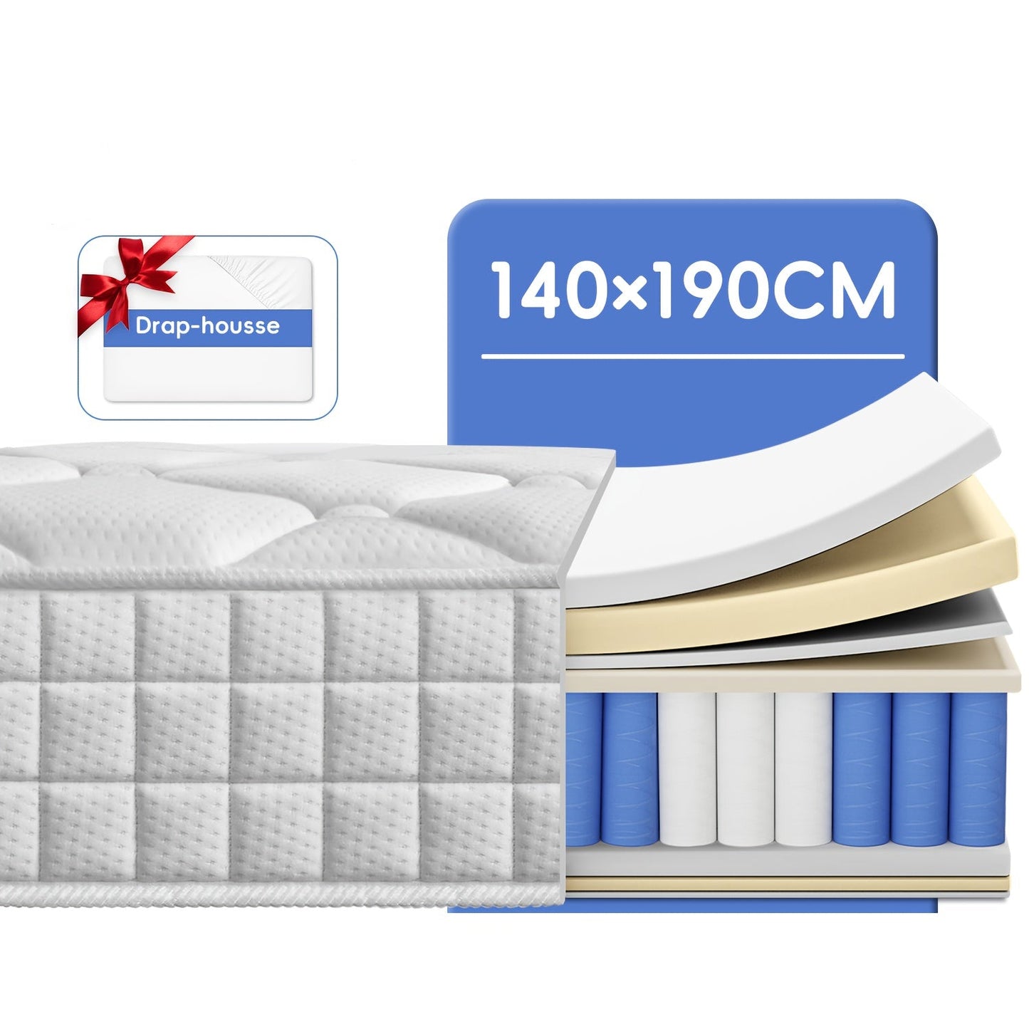 Matras – Pocketveringmatras – 7-Zone Matras – Eenpersoonsmatras – Tweepersoonsmatras – 140x190 cm – Memory Foam Toplaag – Hypoallergeen & Ademend