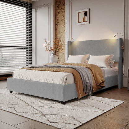 Gestoffeerd Bed – Hydraulisch Bed – Opbergruimte Bed – Tweepersoonsbed – Bedframe Met Lattenbodem – 140x200 cm – Met Leeslamp En USB Oplader – Grijs