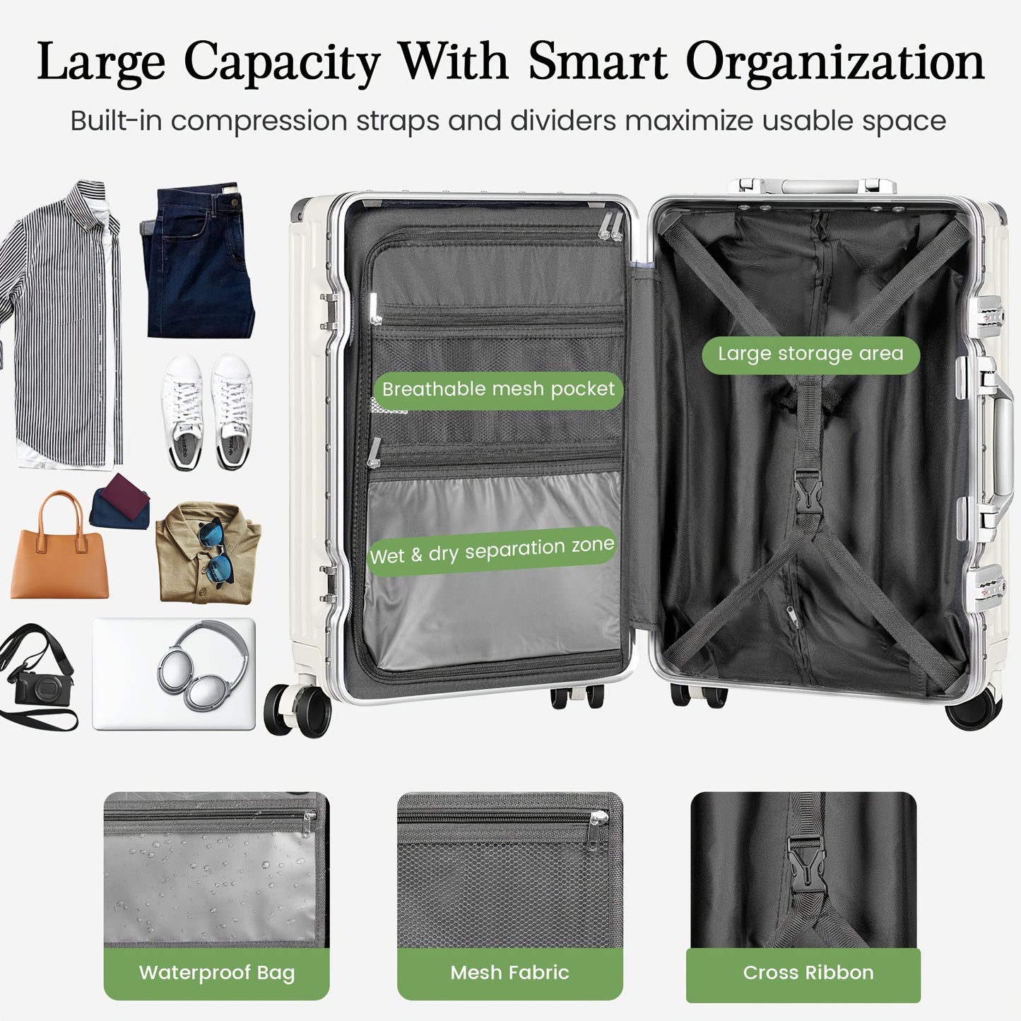 Aluminium Koffer – Handbagage – Reiskoffer – Spinner Koffer – Hardcase Koffer – 28 Inch Wit – Lichtgewicht Aluminium Frame – TSA Slot