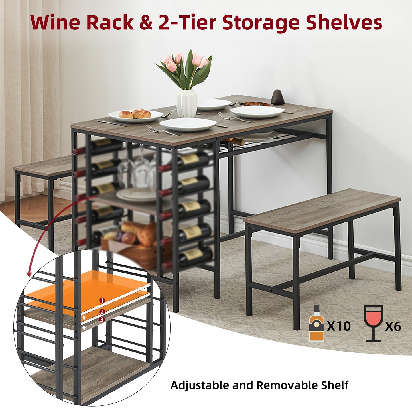 Eettafel Set 3-Delig – Keukentafel – Tafel Met Bank – Bistro Set – Kleine Eettafel – Compact Ontwerp – Hardhouten Blad & Wijnrek – Zwart Metalen Frame – Ruimtebesparend Voor Kleine Woonruimtes
