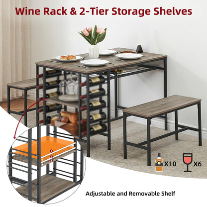 Eettafel Set 3-Delig – Keukentafel – Tafel Met Bank – Bistro Set – Kleine Eettafel – Compact Ontwerp – Hardhouten Blad & Wijnrek – Zwart Metalen Frame – Ruimtebesparend Voor Kleine Woonruimtes