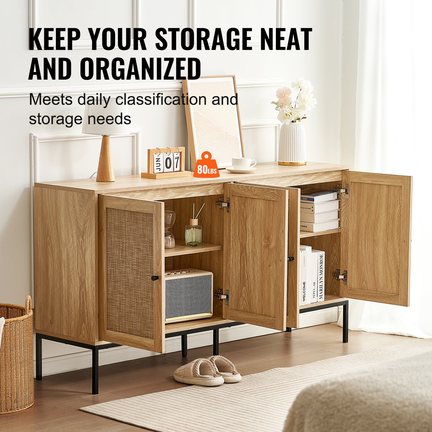 Rattan Opbergkast – Opbergmeubel – Kast – Sideboard – Buffetkast – 150 cm Breed – Handgevlochten Rattan – Verstelbare Planken