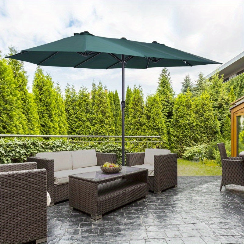Large Patio Umbrella with Cross Base, 460x270 cm, 2.7m Diameter, Dark Green Polyester Canopy, ABS Frame, Hand Crank, Heavy Duty for Garden, Balcony, Outdoor Use, High Stability, Wind Resistant.