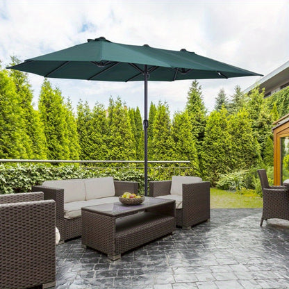 Large Patio Umbrella with Cross Base, 460x270 cm, 2.7m Diameter, Dark Green Polyester Canopy, ABS Frame, Hand Crank, Heavy Duty for Garden, Balcony, Outdoor Use, High Stability, Wind Resistant.