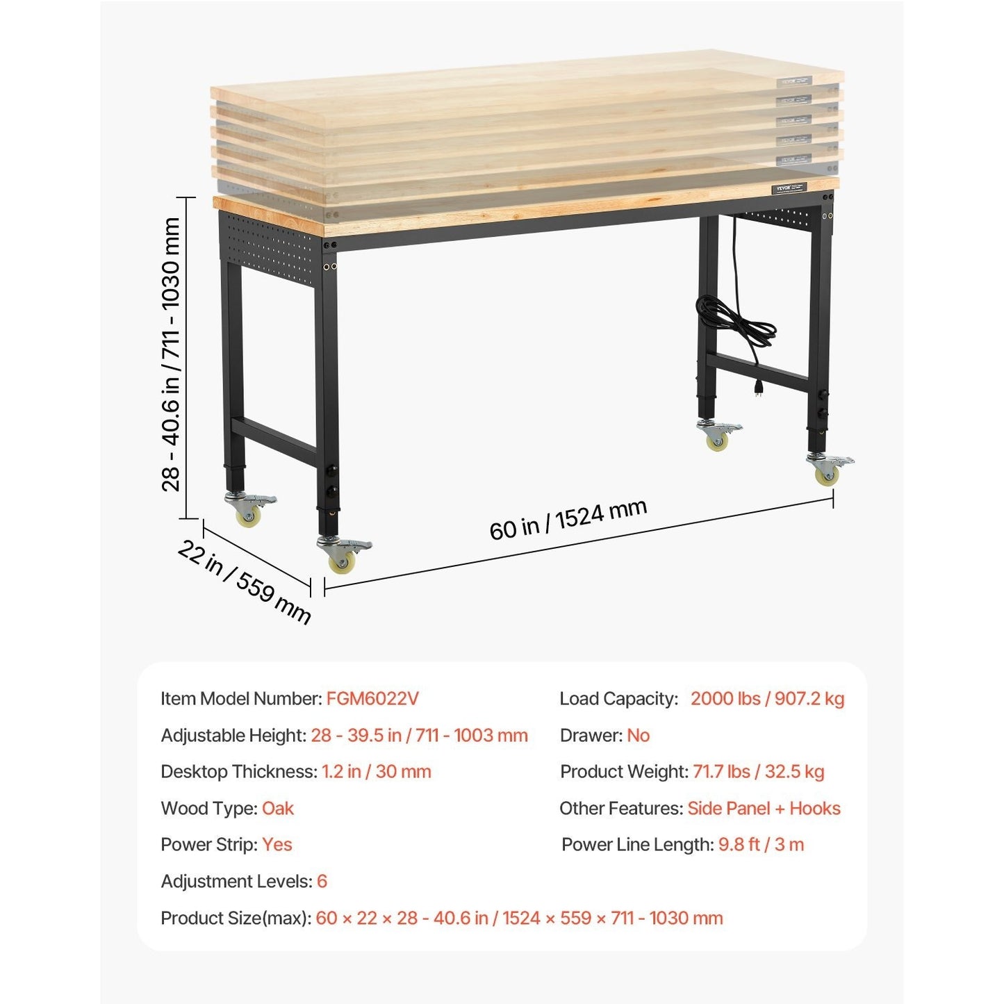 Werkbank – Werktafel – Werkbank Op Wielen – In Hoogte Verstelbaar – Klusbank – Massief Eiken Hout Werkblad – Ingebouwd Stopcontact Met USB-poorten