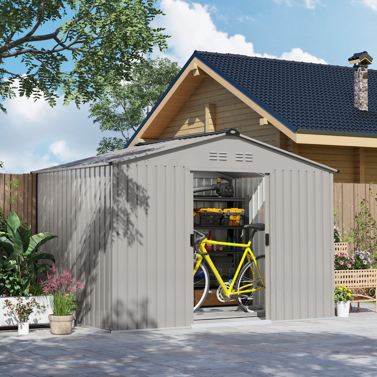Tuinhuisje – Tuinschuur – Berging – Opbergschuur – Metalen Tuinkast – 5,4 m² – Gegalvaniseerd Staal – Schuifdeuren Met Slot – Ventilatieroosters – Antraciet