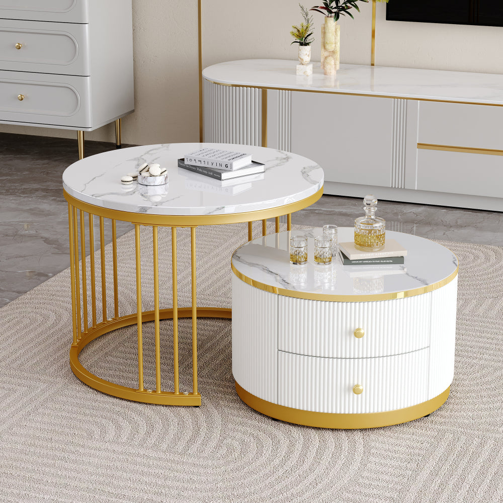 Modern Nesting Coffee Table Set with Two Drawers - Space-Saving Stackable Design, Marble-Like Round Tabletops, Metal Frame & High-Gloss Finish, 60x60x45.5cm & 50x50x32cm, 30kg Weight Capacity, Easy Assembly for Small Living R