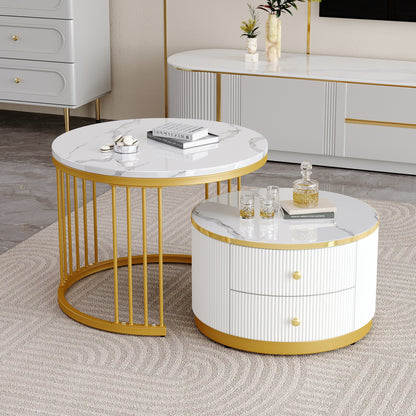 Modern Nesting Coffee Table Set with Two Drawers - Space-Saving Stackable Design, Marble-Like Round Tabletops, Metal Frame & High-Gloss Finish, 60x60x45.5cm & 50x50x32cm, 30kg Weight Capacity, Easy Assembly for Small Living R
