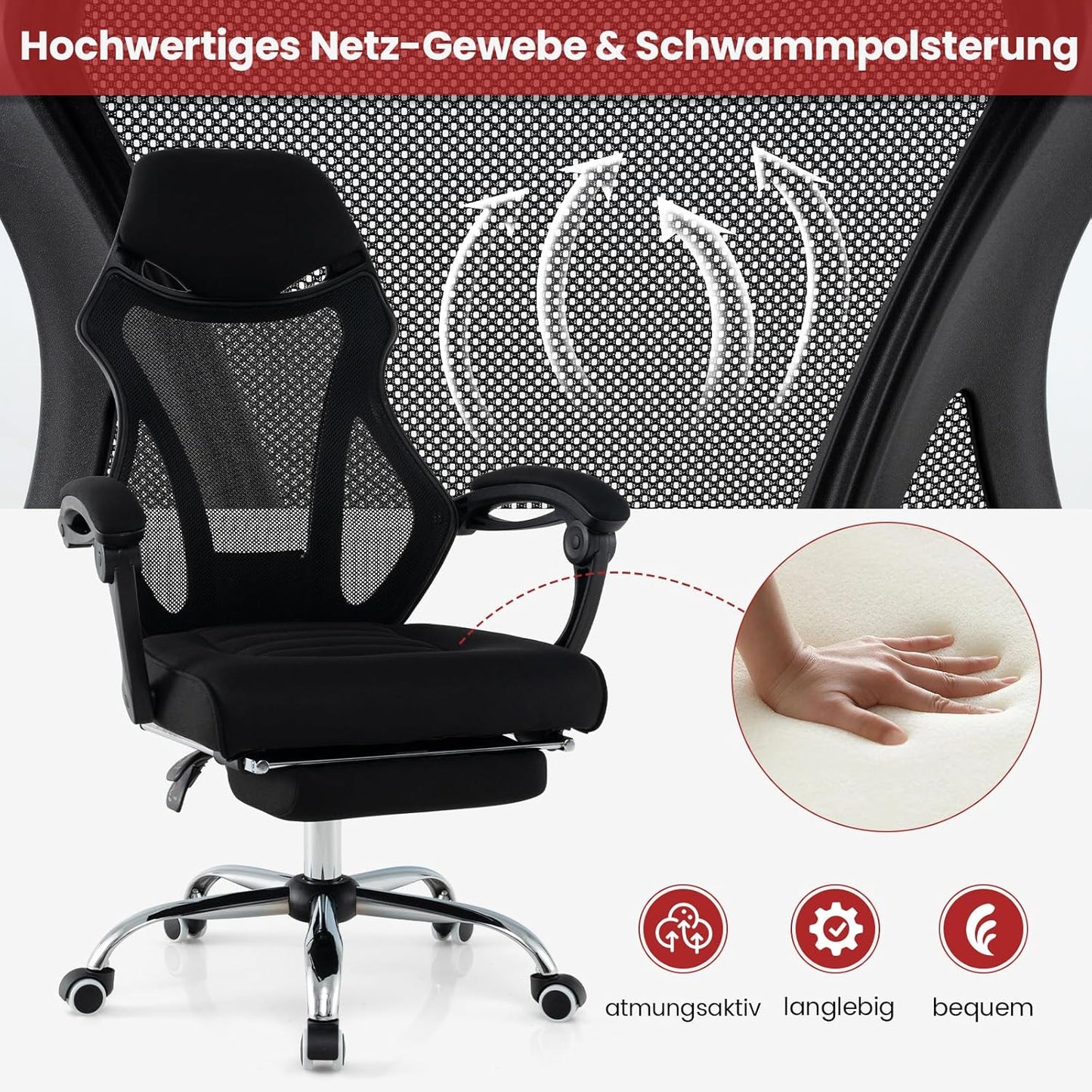Ergonomische Bureaustoel – Bureaustoel Kantoorstoel Werkstoel Computestoel – Verstelbare Rugleuning – Uittrekbare Voetensteun – In hoogte Verstelbare Hoofdsteun – Mesh Stof – Zwart