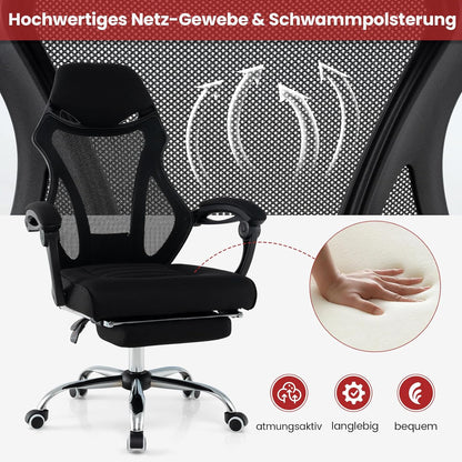 Ergonomische Bureaustoel – Bureaustoel Kantoorstoel Werkstoel Computestoel – Verstelbare Rugleuning – Uittrekbare Voetensteun – In hoogte Verstelbare Hoofdsteun – Mesh Stof – Zwart
