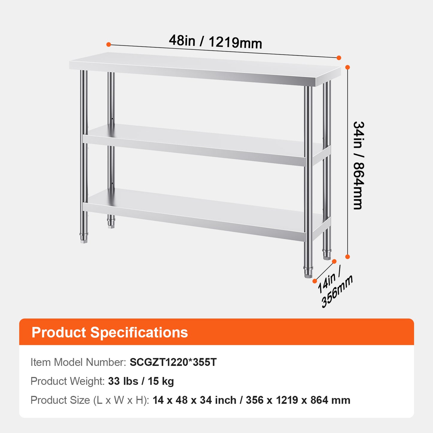 Roestvrijstalen Werktafel – RVS Werkbank – Keukentafel – Opbergtafel – Werkbank Garage – 14 x 48 Inch – 2 Verstelbare Planken