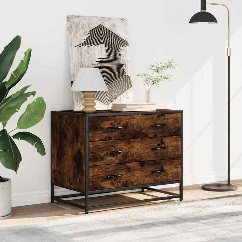Easy Assembly Modern Dresser - Smoked Oak Finish, Sturdy Construction with Three Drawers, Compact Storage Cabinet for Living Room, Bedroom, Home Office - Engineered Wood Furniture (70x41x56cm), Wood Dresser for Bedroom, Minim