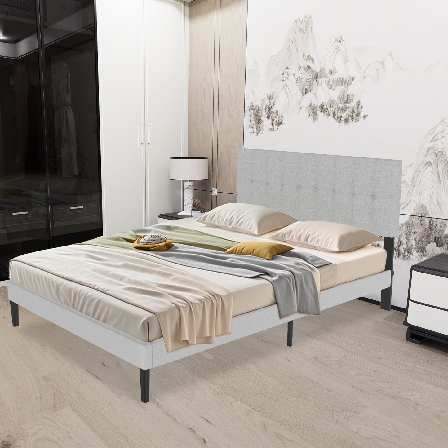 Bedframe – Gestoffeerd Bed – Ledikant – Slaapkamerbed – Lattenbodem – Donkergrijs – Linnen Hoofdbord – Stevig 140x200 cm – Draagkracht 300 kg
