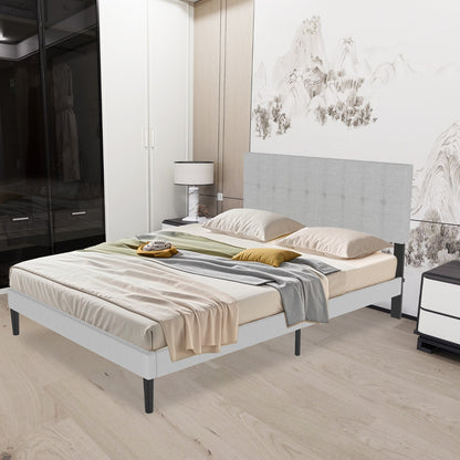 Bedframe – Gestoffeerd Bed – Ledikant – Slaapkamerbed – Lattenbodem – Donkergrijs – Linnen Hoofdbord – Stevig 140x200 cm – Draagkracht 300 kg