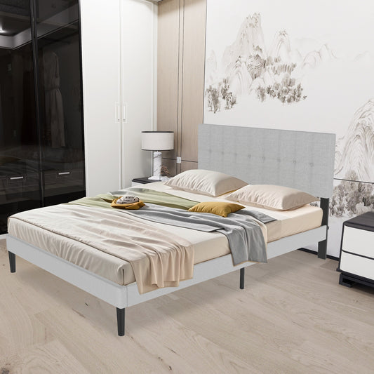 Bedframe – Gestoffeerd Bed – Tweepersoonsbed – Lattenbodem – Slaapbank – Linnen Hoofdbord – Stevig MDF & Massief Hout – Geschikt voor Matras 140x200 cm