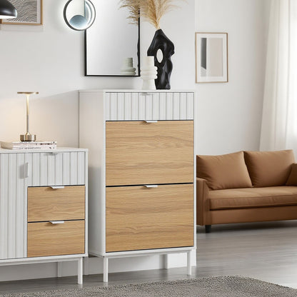 Schoenenkast – Schoenenrek – Schoenenopberger – Opbergkast – Schoenenschuiflade – 2 Klapdeuren – Verstelbare Vakverdeling – MDF Wit/Natuurlijk Hout – 60x35x110 cm
