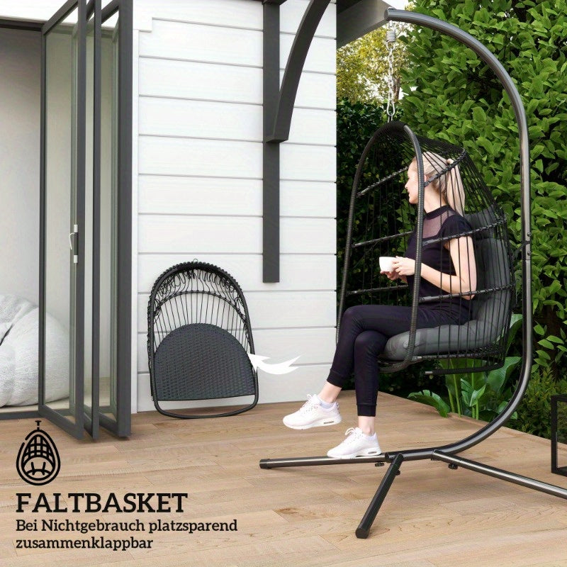 Hangstoel Rattan Hangstoel Schommelstoel Bistrostoel Balkonstoel – Incl. Donkergrijze Kussen – UV-Bestendig – Draagvermogen 150kg – Split Rugleuning – Eenvoudige Montage – Binnen & Buiten Gebruik