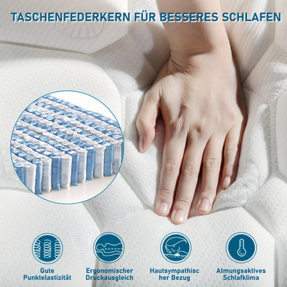Matras – Koudschuimmatras – Pocketveringmatras – Latexmatras – Tweepersoonsmatras 140x200 cm – Ultra-fijne vezellaag – Medium Stevig Comfort