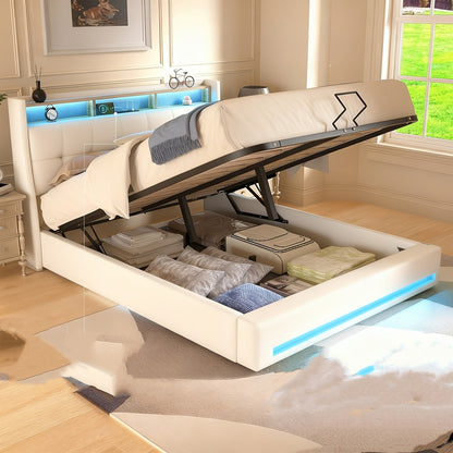 Linnen Bedframe – Tweepersoonsbed – Opbergbed – Slaapkamerbed – Ottoman Bed – 140x200 cm – Hydraulische Lift – USB LED Hoofdbord Verlichting
