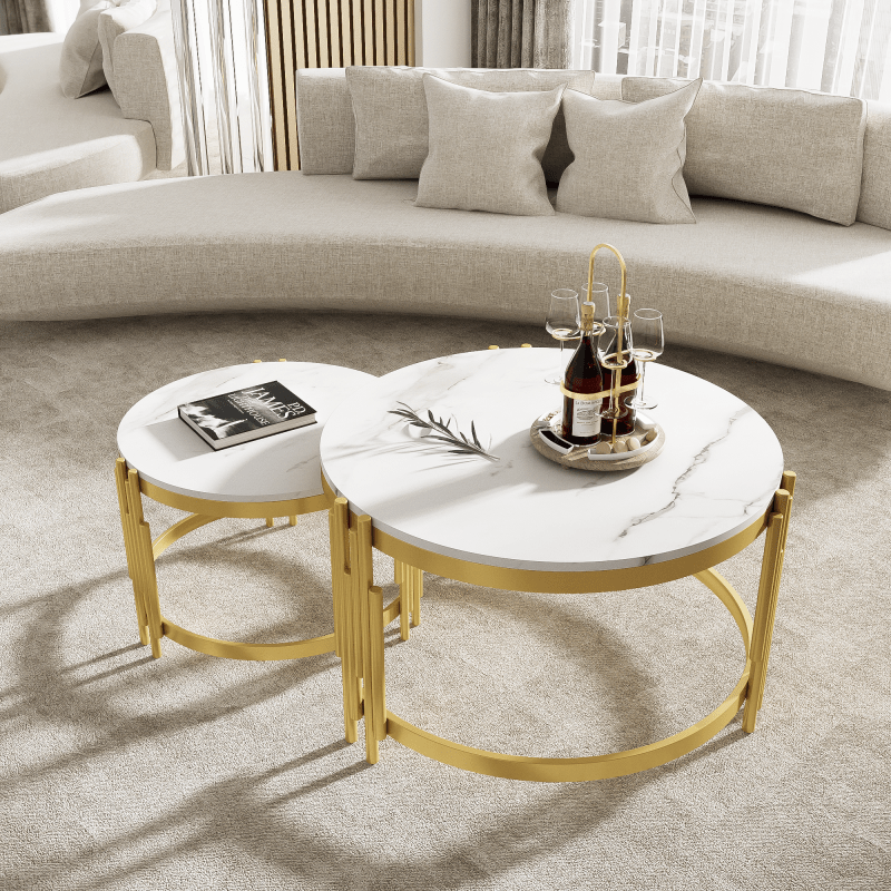 Modulaire Salontafel Set – Koffietafel – Bijzettafel – Ronde Tafels – Marmerlook Tafel – Gouden Metalen Frame – Twee Maten – Licht & Stevig Design