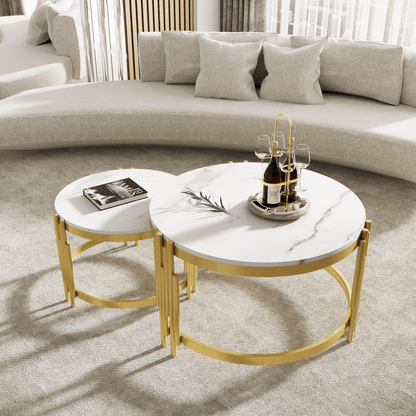Modulaire Salontafel Set – Koffietafel – Bijzettafel – Ronde Tafels – Marmerlook Tafel – Gouden Metalen Frame – Twee Maten – Licht & Stevig Design