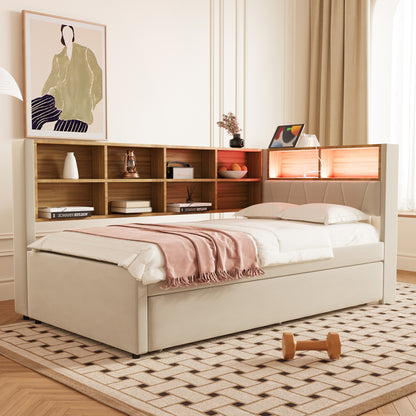 Sofa Bed 90x200, Pull-out Bed 90x190, Equipped with Multiple Storage Compartments, Upholstered Bed, Multi-functional Sofa Bed, Single Bed, Flannel, Beige.