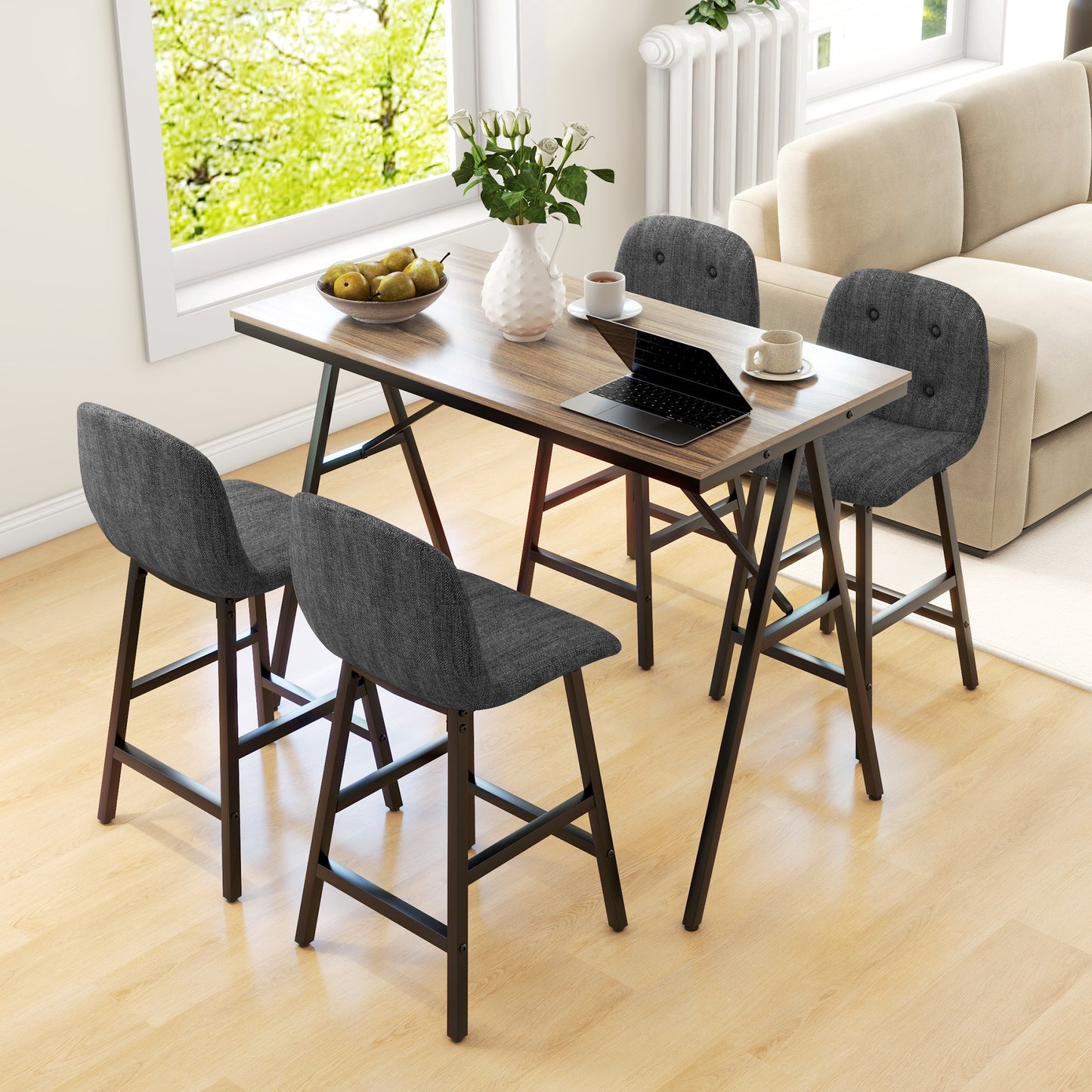 Eetkamer Set – Diningset – Tafel Met Stoelen – Eettafel Set – Stoelen Set – Donkergrijs – Button Tufting – Dikke Linnenlook Bekleding