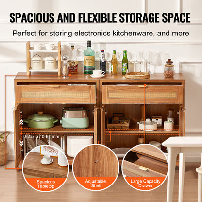 Rattan Opbergkast – Opbergmeubel – Dressoir – Kast – Buffetkast – 63 Inch – Handgevlochten Natuurlijk Rattan – Verstelbare Planken & Anti-Kantelset