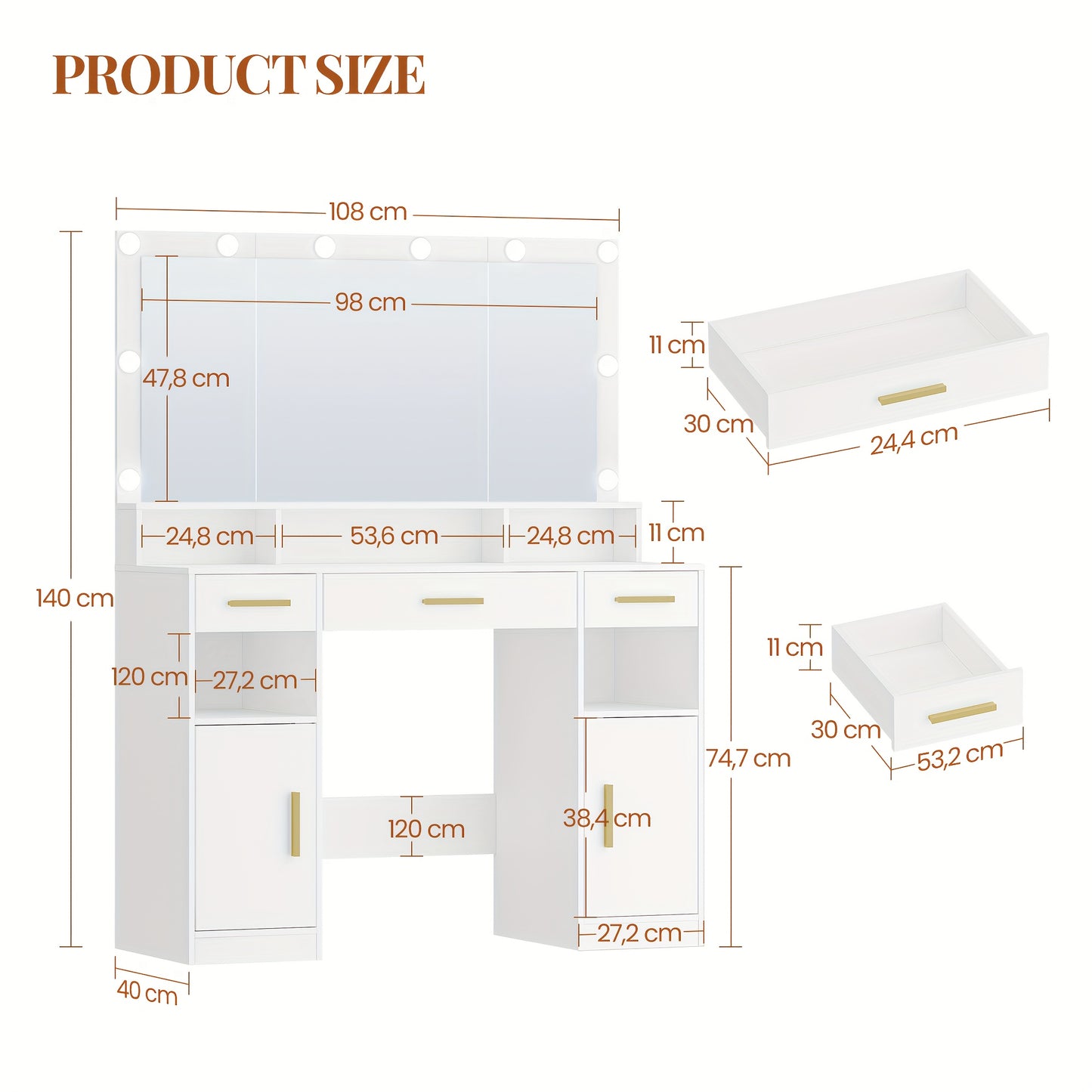 Grote Make-up Tafel – Kaptafel – Vanity Desk – Dressing Table – Opbergmeubel – Wit Met Gouden Handvaten – 3 Laden & 2 Kasten Met 5 Open Vakken – Hout & Spaanplaat – 140x108x40 cm