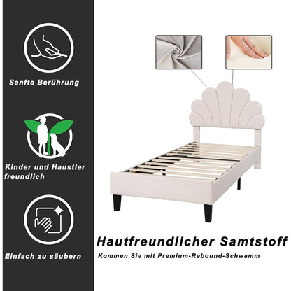 Gestoffeerd Bed – Slaapbed – Bedframe – Houten Bed – 90x200 cm – Fluwelen Bloemvormige Hoofdbord – Comfortabel en Warm – Beige