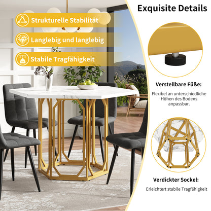 Eettafel Hexagonale Tafel Ontbijttafel Keukentafel Modern Design – Zeshoekige Marmerlook Tafelblad – Gouden Metalen Onderstel – Verstelbare Poten – Stevig & Onderhoudsvriendelijk – 110x95x75 cm